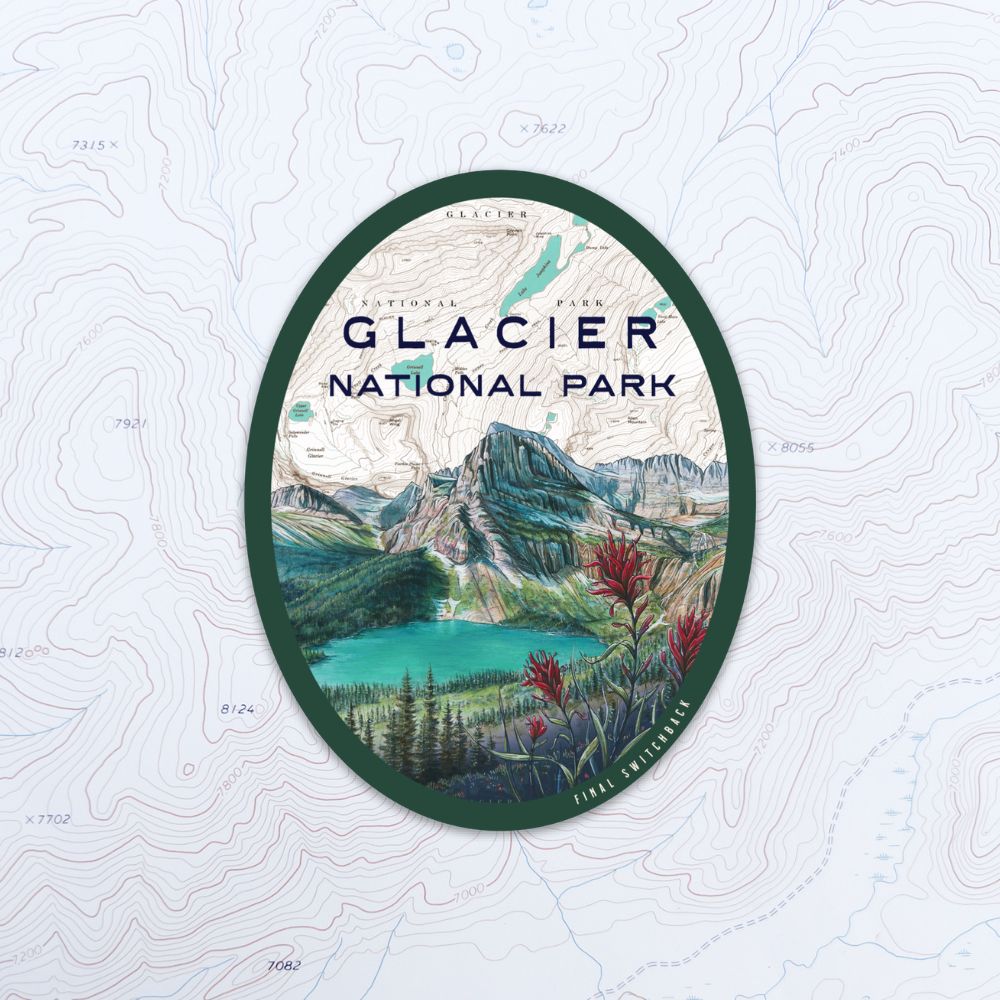 final switchback vinyl waterproof sticker featuring Katie Jeanne Reim's glacier grinnell lake print