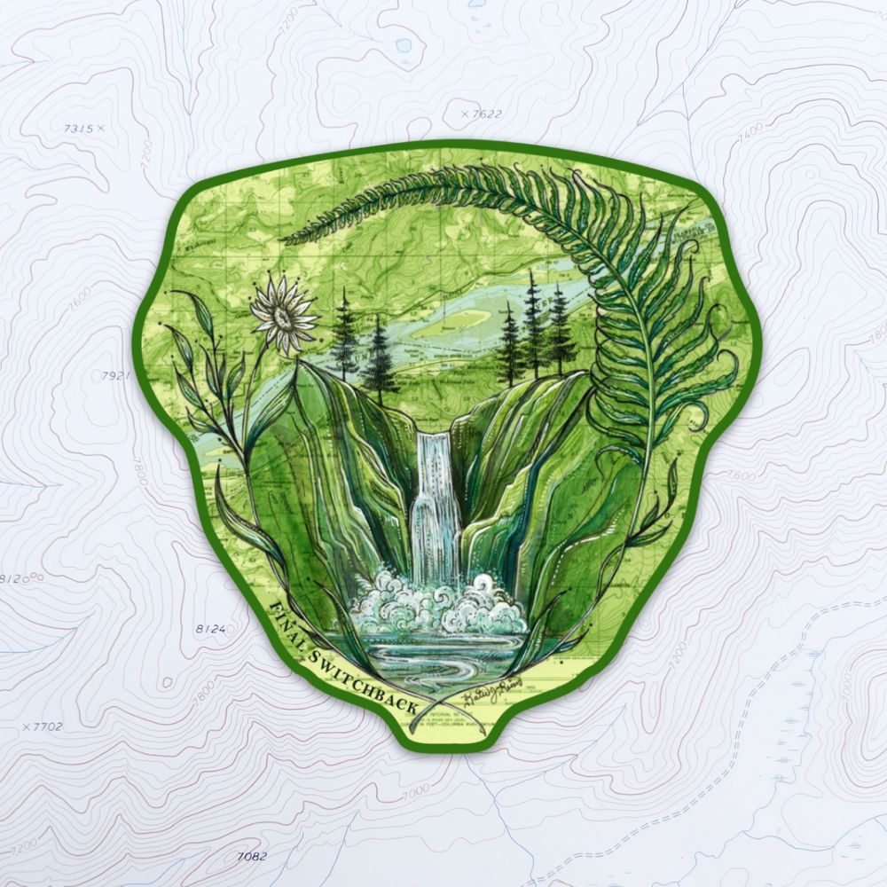 final switchback vinyl waterproof sticker featuring Katie Jeanne Reim's gorge ferns print