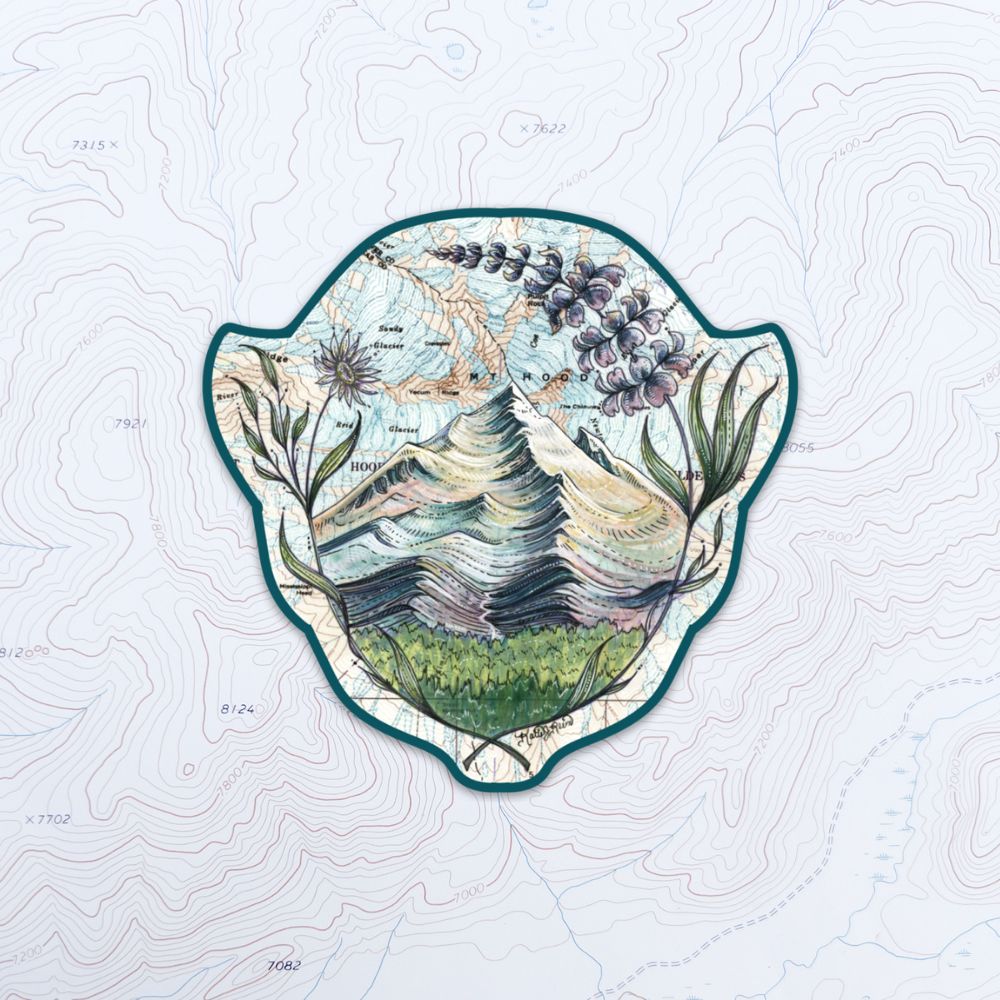 final switchback vinyl waterproof sticker featuring Katie Jeanne Reim's mount hood lupine print