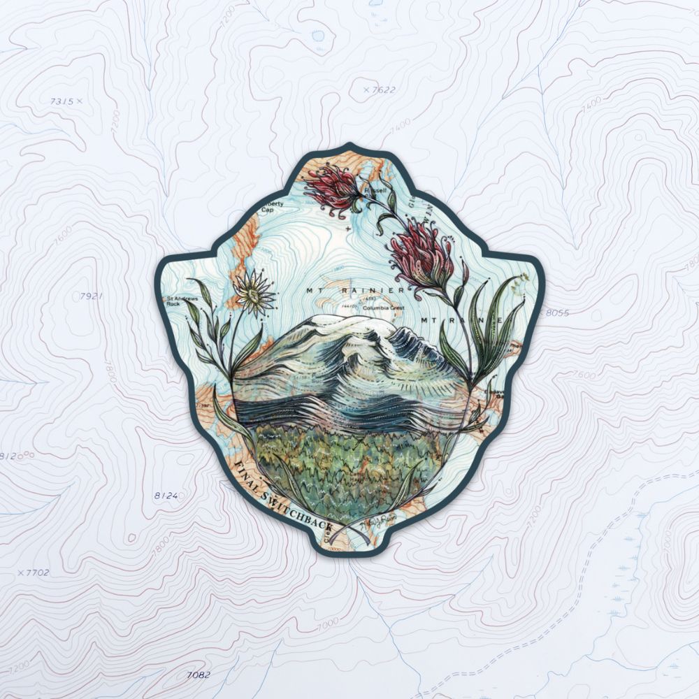 final switchback vinyl waterproof sticker featuring Katie Jeanne Reim's mount rainier paintbrush print
