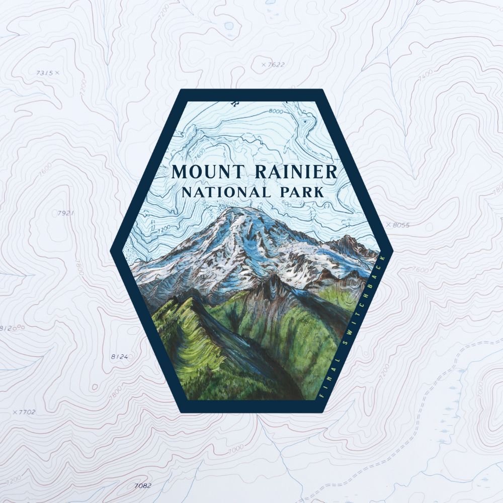 final switchback vinyl waterproof sticker featuring Katie Jeanne Reim's mount rainier tatoosh print