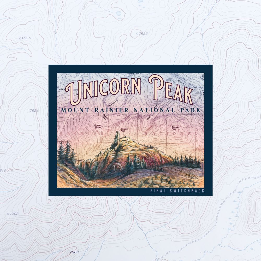 final switchback vinyl waterproof sticker featuring Katie Jeanne Reim's mount rainier unicorn peak print