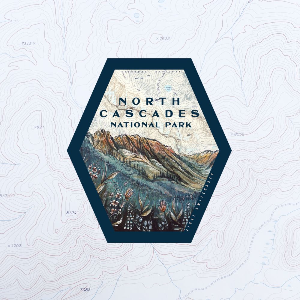 final switchback vinyl waterproof sticker featuring Katie Jeanne Reim's north cascades, cascade pass print