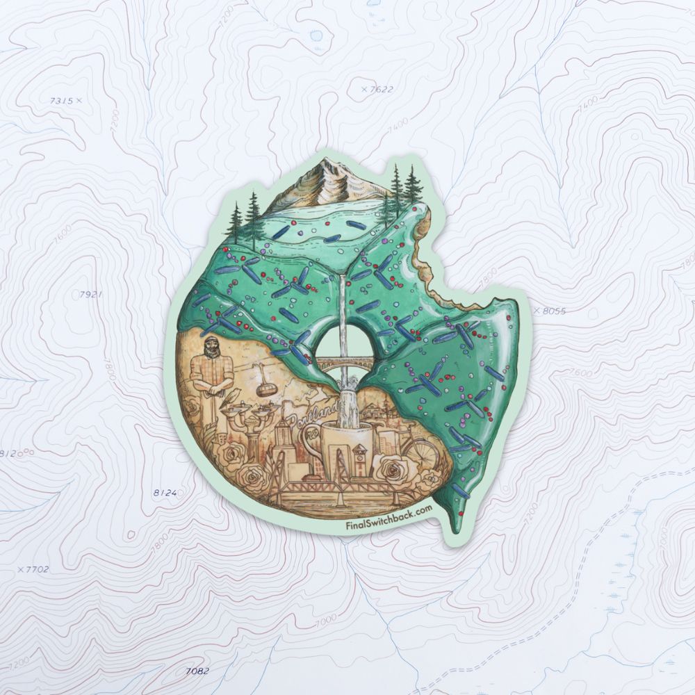 final switchback vinyl waterproof sticker featuring Katie Jeanne Reim's PDX donut print