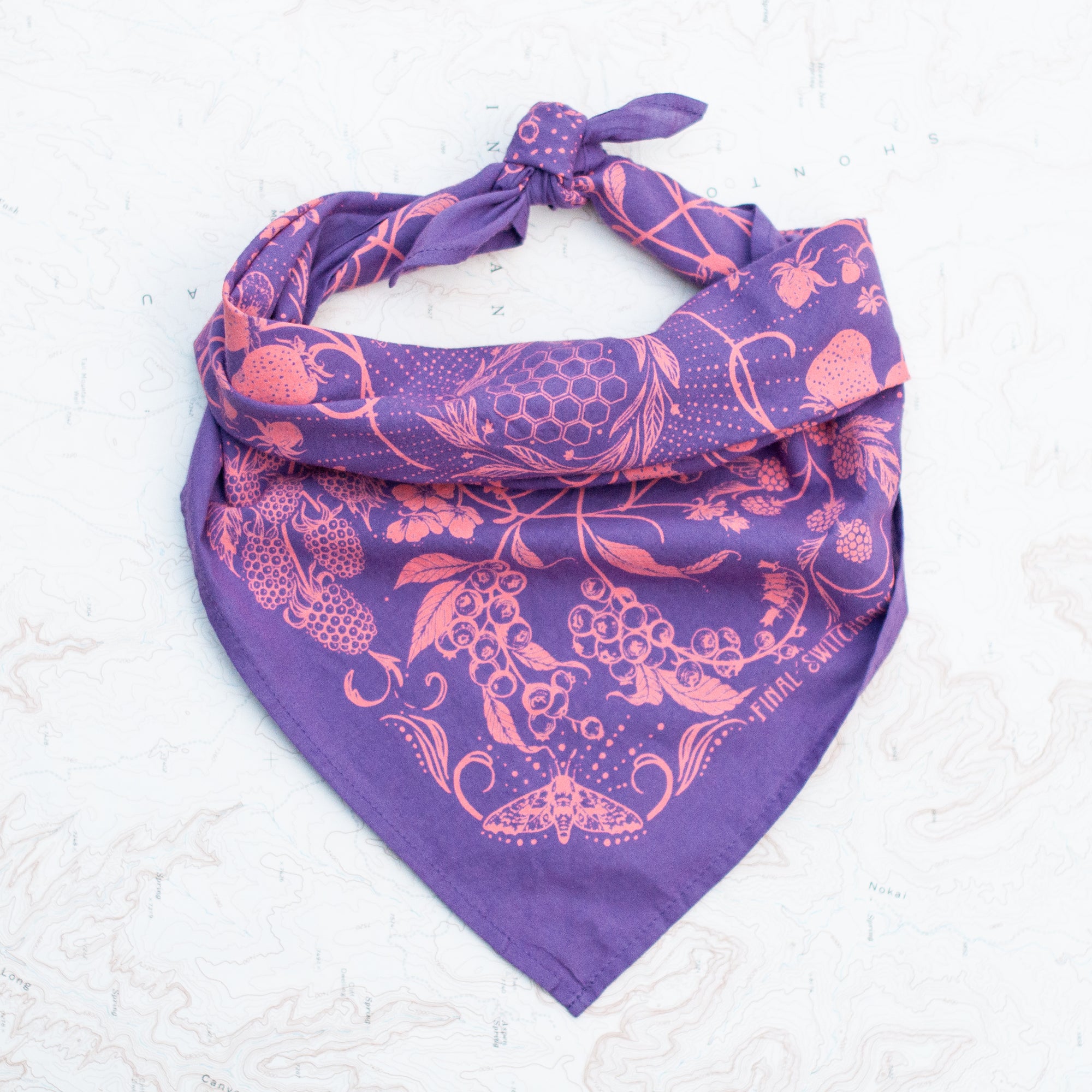 final switchback cotton bandana in wildberry purple featuring artist Katie Jeanne Reim's prints