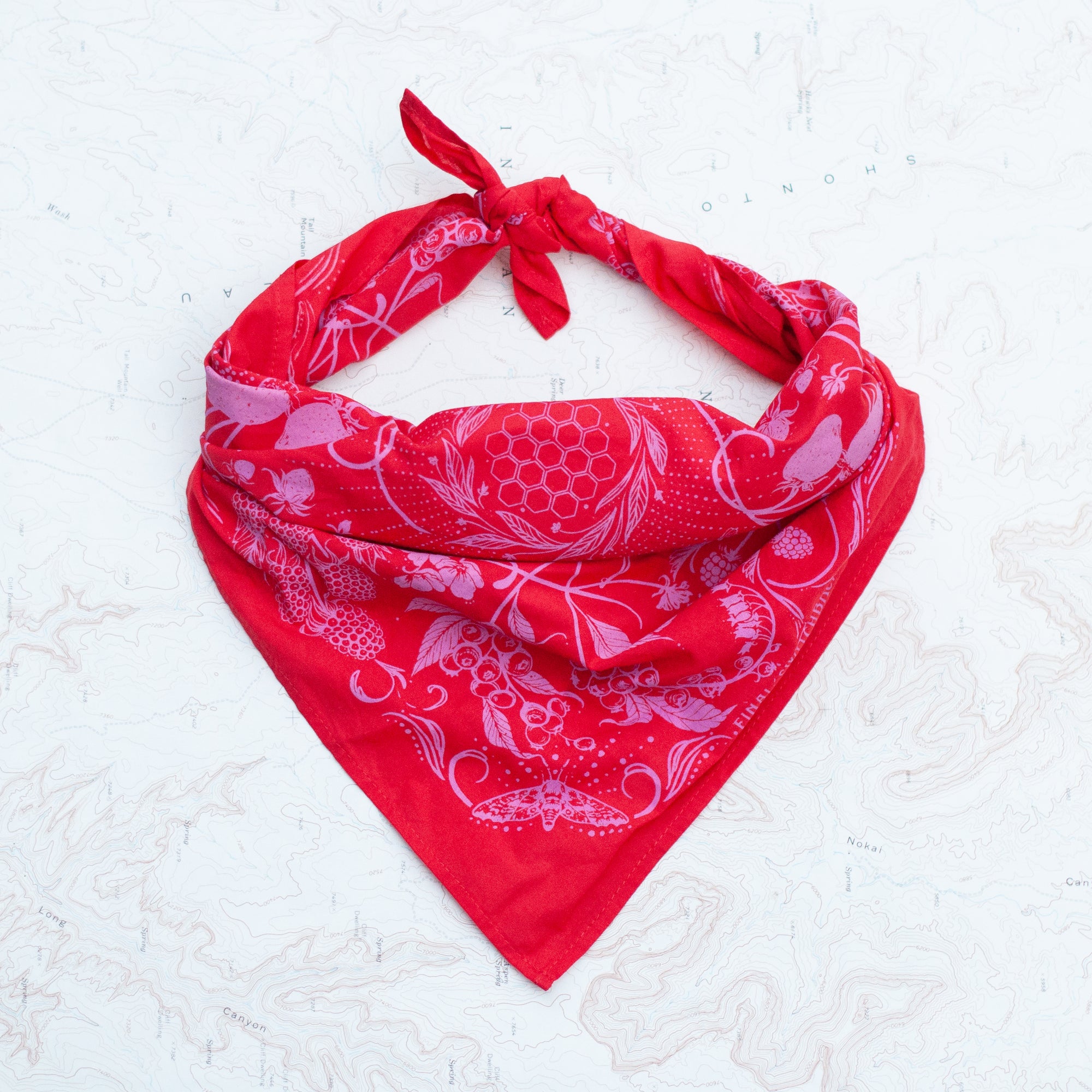 final switchback cotton bandana in wildberry red featuring artist Katie Jeanne Reim's prints