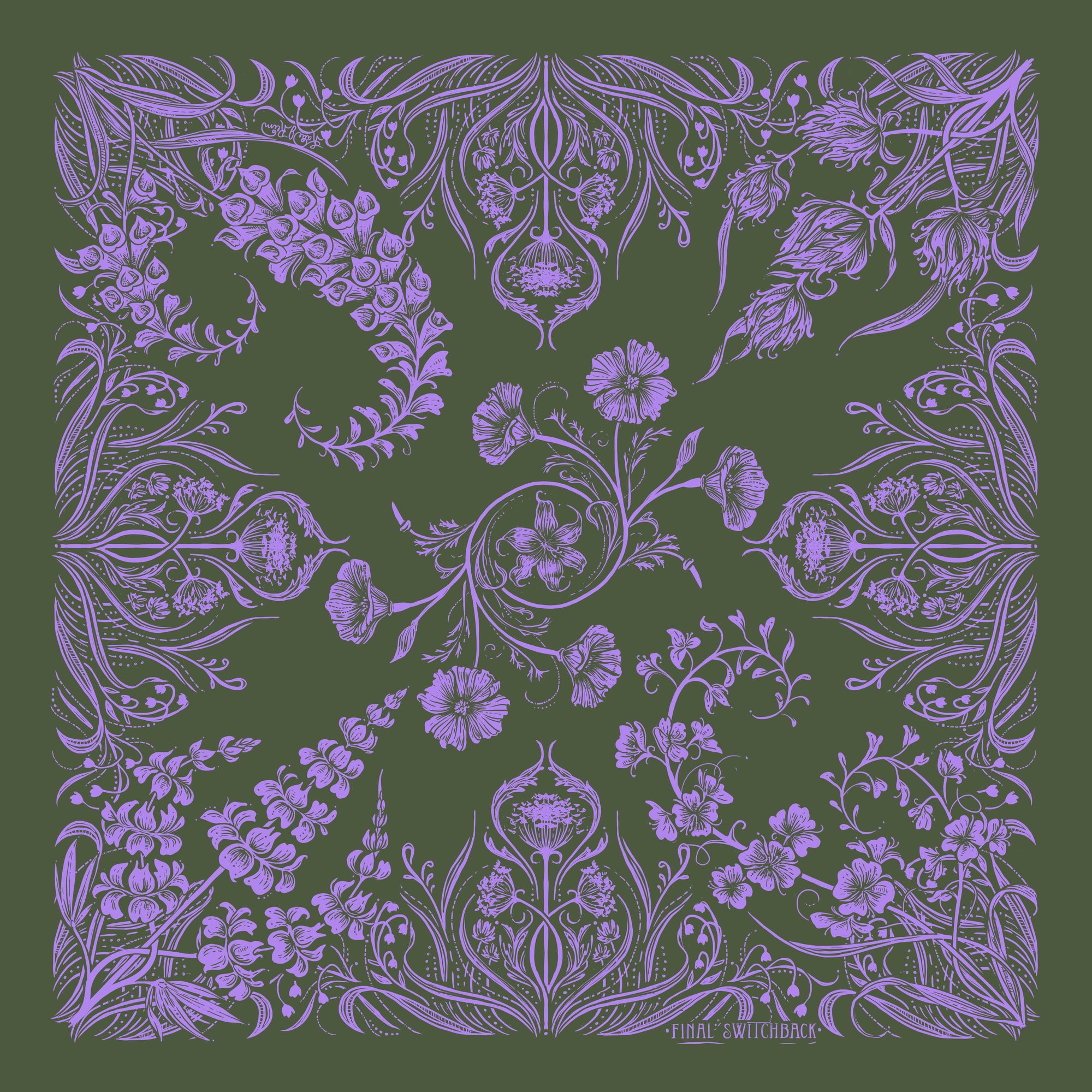 final switchback cotton bandana print in Wildflowers green by artist Katie Jeanne Reim