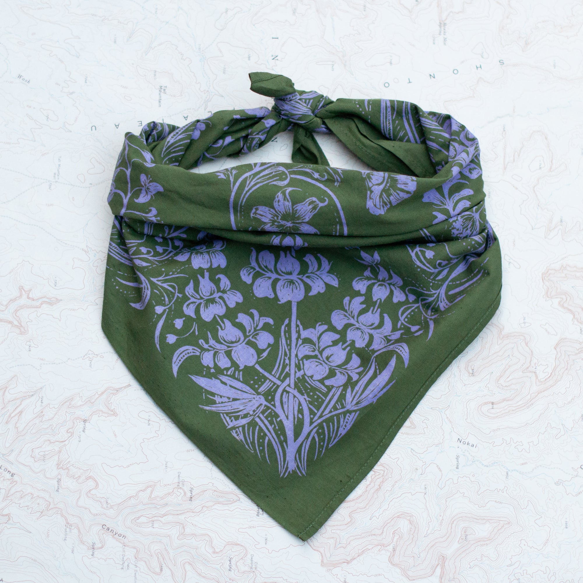 final switchback cotton bandana in wildflowers green featuring artist Katie Jeanne Reim's prints