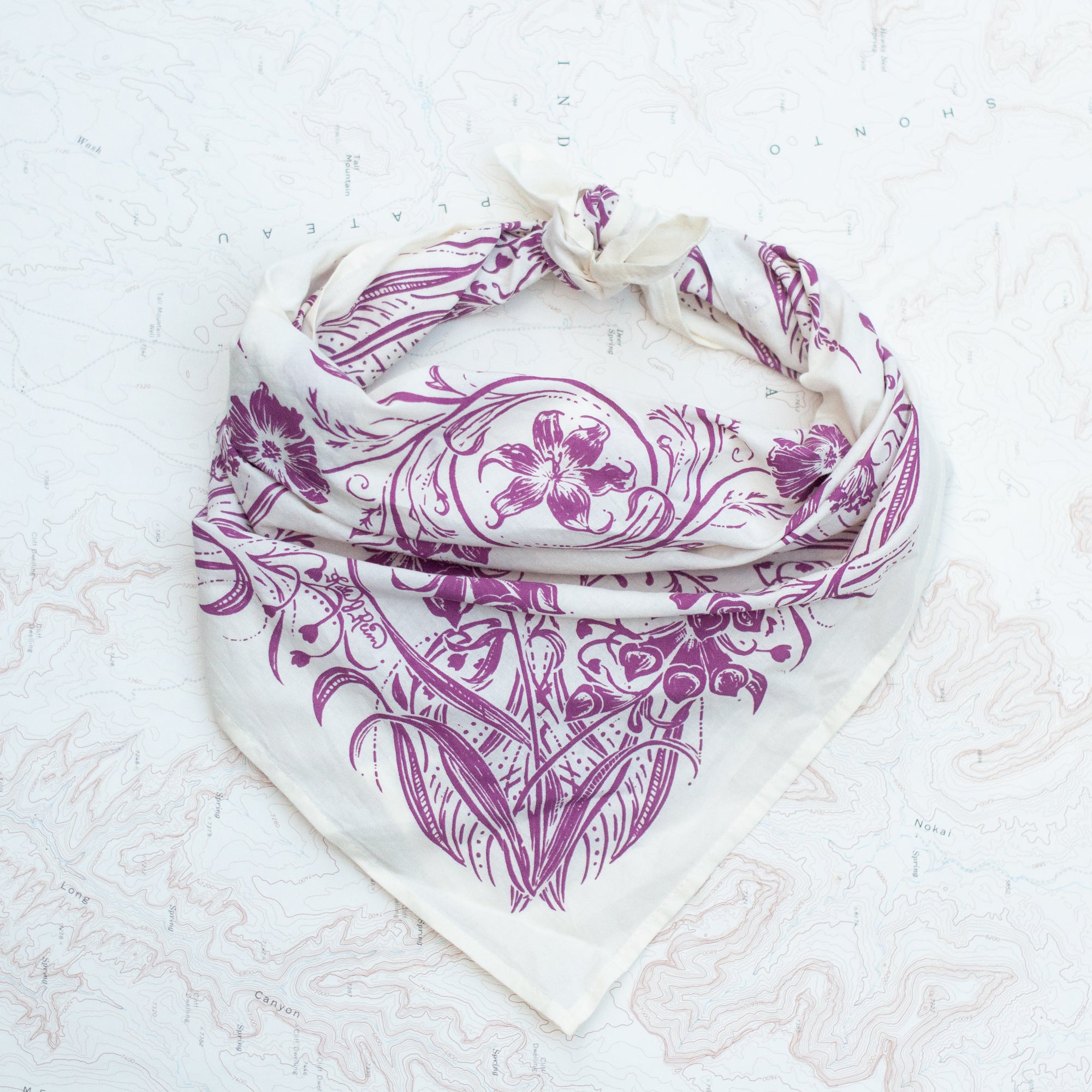 final switchback cotton bandana in Wildflowers natural featuring artist Katie Jeanne Reim's prints