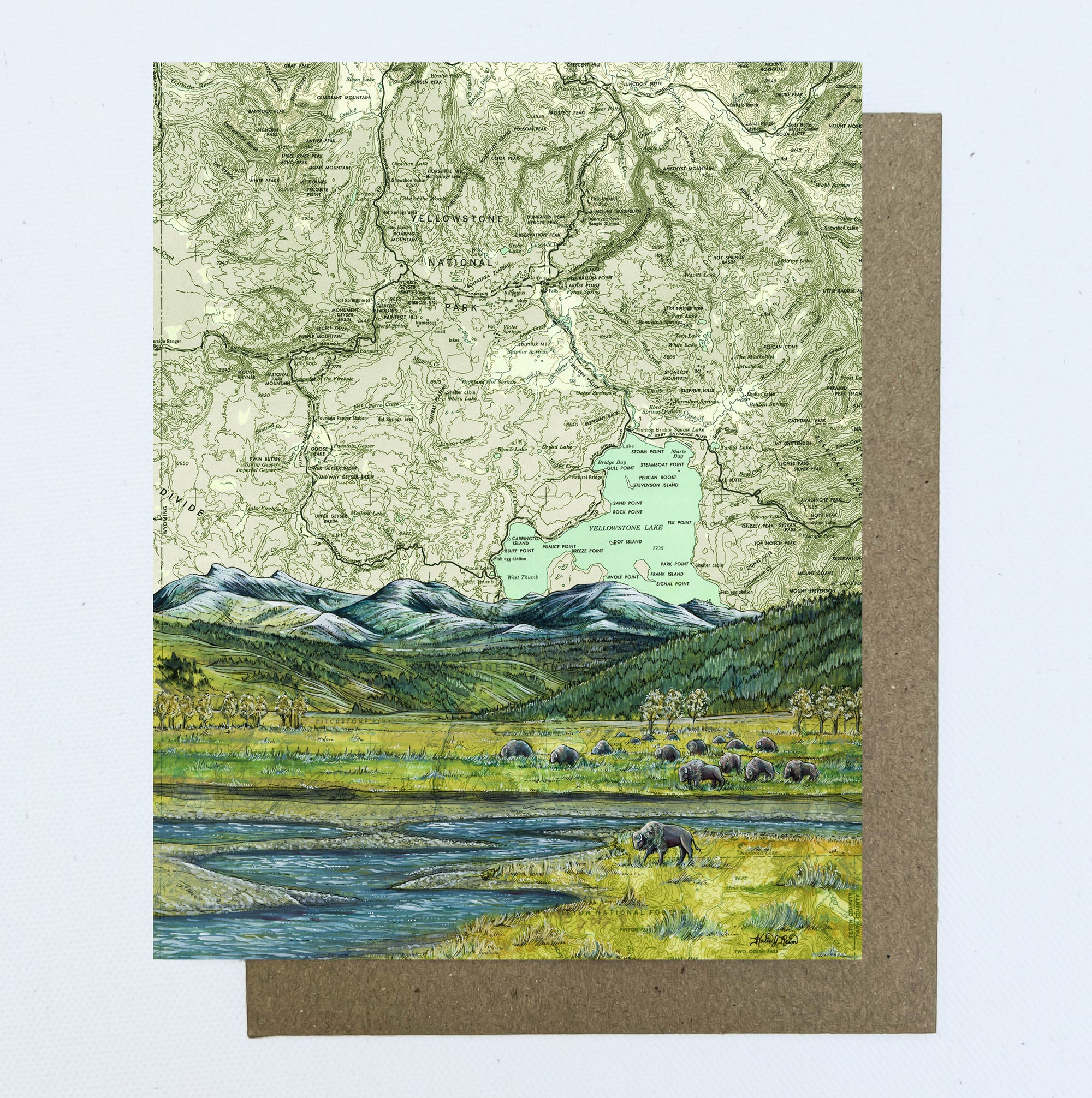 a final switchback greeting card featuring artist Katie Jeanne Reim's Yellowstone, Wyoming, print