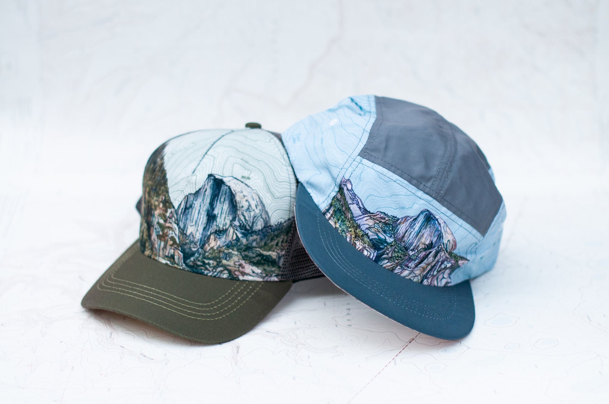 final switchback trucker and 5-panel hats featuring artist Katie Jeanne Reim's Yosemite print