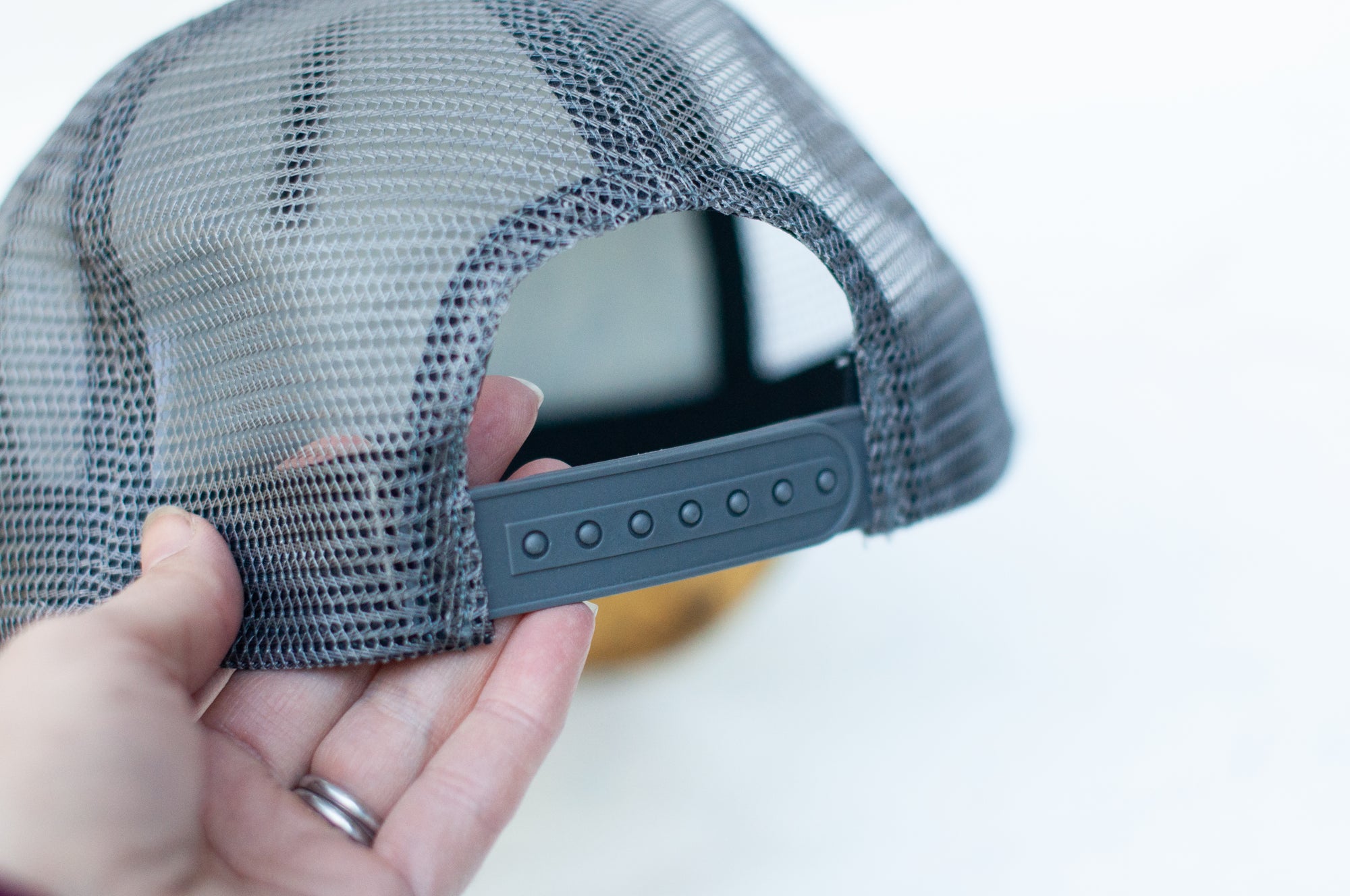 back view of the final switchback trucker hat featuring artist Katie Jeanne Reim&#39;s Yosemite print